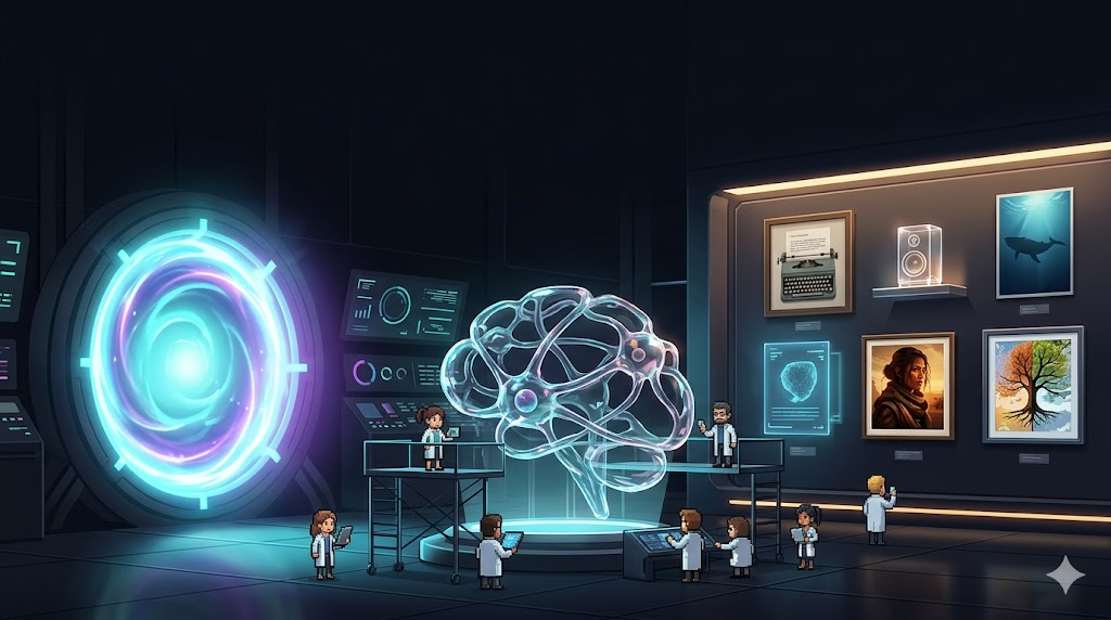 Futuristic AI image generation lab with a benchmark gallery wall
